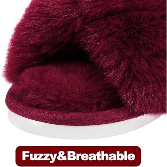 Women's Fuzzy Slippers Cross Band Red Memory Foam House Slippers Open Toe - Picture 2 of 4